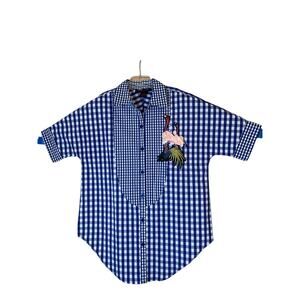 Pings Imports Pleats Collection Pink Flamingo Applique on Gingham Print in Blue